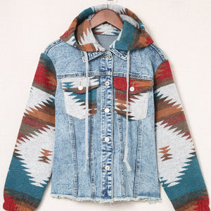 Drawstring Hooded Pocketed Denim Jacket