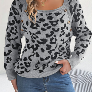 Leopard Buttoned Square Neck Sweater