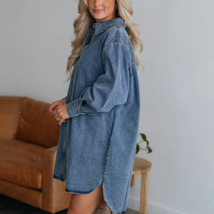 Button Up Collared Neck Long Sleeve Denim Dress