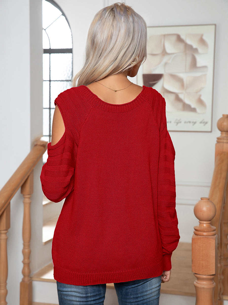 Decorative Button Cold-Shoulder Sweater