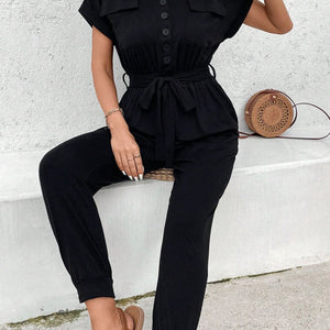 Perfee V-Neck Short Sleeve Jumpsuit