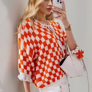 Double Take Tied Checkered Dropped Shoulder Flounce Sleeve Cardigan