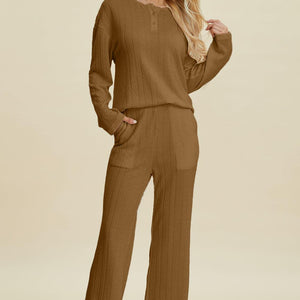 Double Take Full Size Cable-Knit Long Sleeve Top and Pants Set