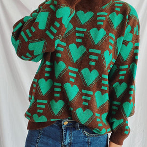 Heart Contrast Long Sleeve Dropped Shoulder Sweater