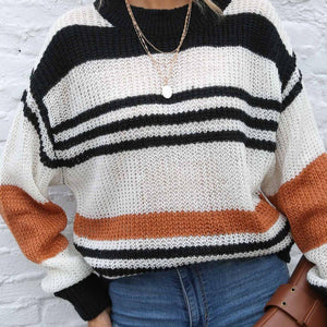 Contrast Striped Round Neck Long Sleeve Sweater