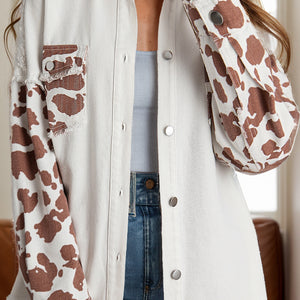 Raw Hem Animal Print Long Sleeve Denim Jacket