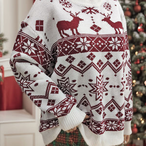 Snowflake Contrast Round Neck Long Sleeve Sweater