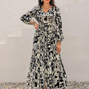 Smocked Printed Tie Neck Long Sleeve Dress