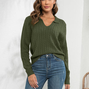 Johnny Collar Cable-Knit Long Sleeve Sweater