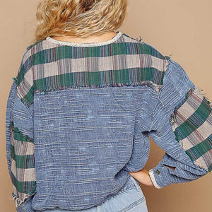 POL Round Neck Long Sleeve Plaid Shirt