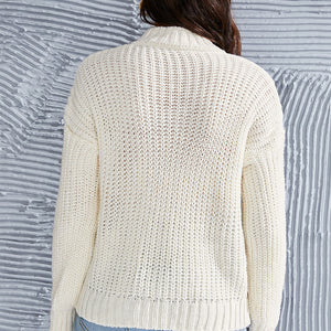 Shiny Cable-Knit Mock Neck Long Sleeve Sweater