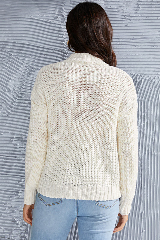 Shiny Cable-Knit Mock Neck Long Sleeve Sweater