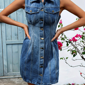 Pocketed Button Up Sleeveless Denim Dress