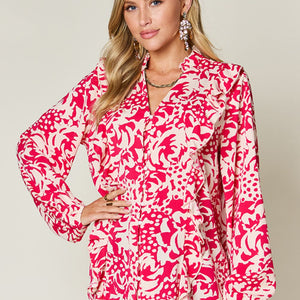 Double Take Full Size Printed Ruffle Trim Balloon Sleeve Shirt