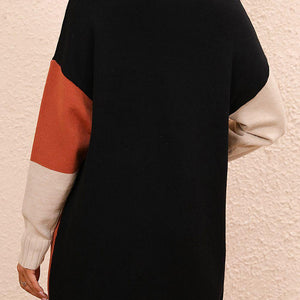 Color Block Mock Neck Dropped Shoulder Sweater Dress