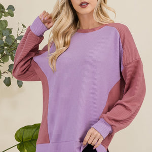 Celeste Full Size High-Low Contrast Round Neck Sweatshirt