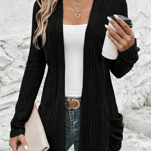 Pocketed Open Front Long Sleeve Cardigan