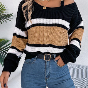 Color Block Asymmetrical Neck Long Sleeve Sweater