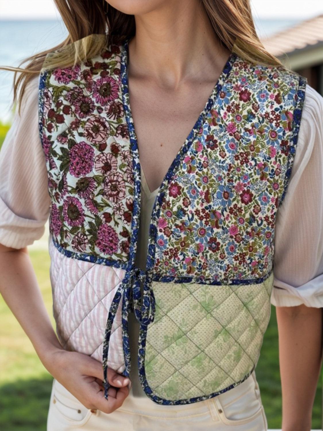 Tied Patchwork V-Neck Vest Coat