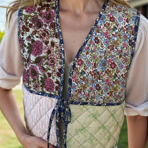 Tied Patchwork V-Neck Vest Coat