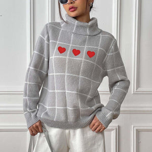 Heart Plaid Turtleneck Long Sleeve Sweater