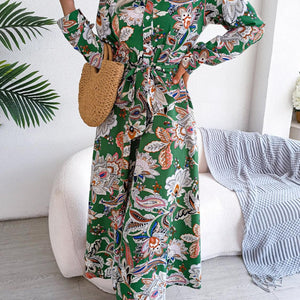 Tied Printed Long Sleeve Midi Dress