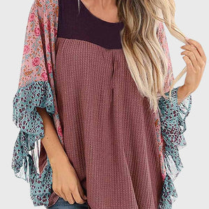 Full Size Printed Round Neck Three-Quarter Sleeve Blouse