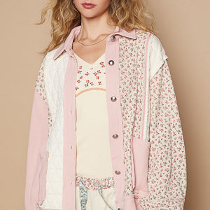 POL Floral Exposed Seam Button Up Quilted Jacket