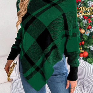 Plaid Turtleneck Batwing Sleeve Sweater