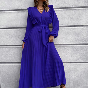 Pleated Surplice Tie Waist Maxi Dress