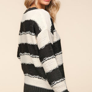 Haptics Striped Contrast Distressed Sweater