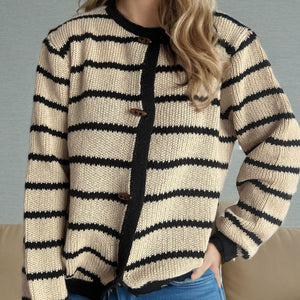 Striped Round Neck Long Sleeve Cardigan