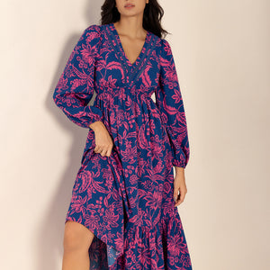 Printed V-Neck Long Sleeve Midi Dress