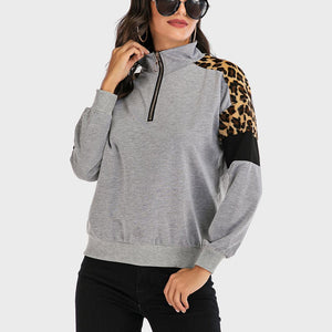 Perfee Contrast Leopard Half Zip Long Sleeve Sweatshirt