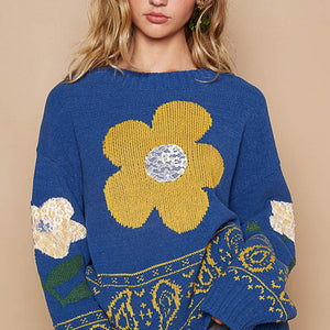 POL Flower Lace Patch Long Sleeve Sweater