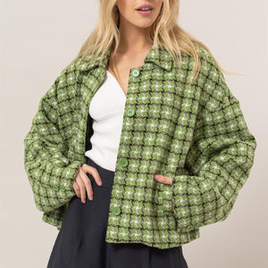 HYFVE Tweed Plaid Button Up Collared Neck Jacket