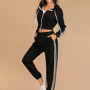 Perfee Drawstring Side Stripe Zip Up Hooded Top and Pants Set