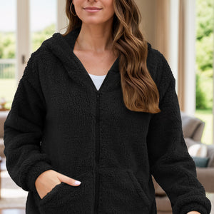 Zip Up Long Sleeve Fuzzy Hooded Outerwear