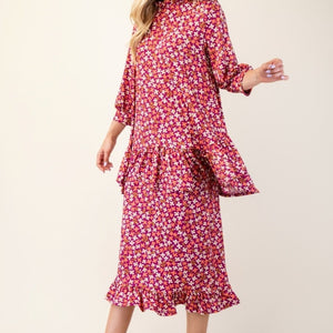 Celeste Full Size Floral Ruffled Top and Midi Skirt Set