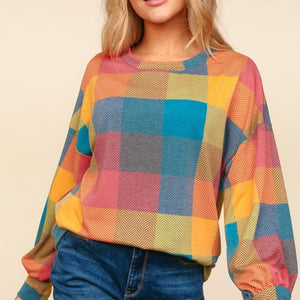 Haptics Round Neck Color Block Plaid Top