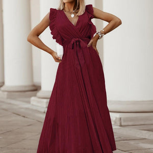 Tied Surplice Cap Sleeve Pleated Dress