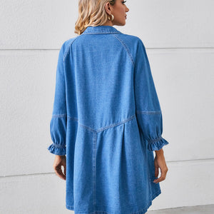 Button Up Flounce Sleeve Mini Denim Dress