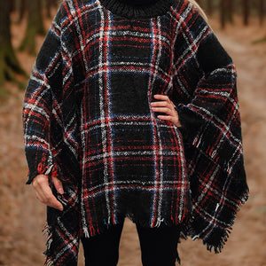 Shiny Turtleneck Plaid Raw Hem Sweater