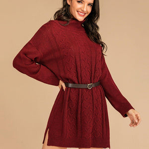 Perfee Slit Turtleneck Long Sleeve Mini Sweater Dress