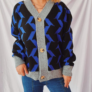 Contrast Trim Geometric V-Neck Long Sleeve Cardigan