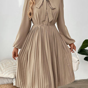 Perfee Pleated Tie Neck Long Sleeve Dress