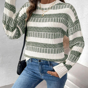 Perfee Contrast Round Neck Long Sleeve Sweater