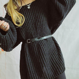 Boat Neck Long Sleeve Sweater with Belt