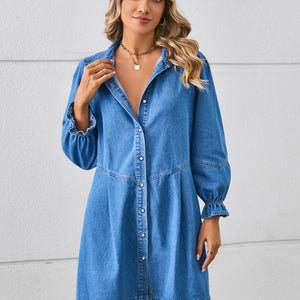 Button Up Flounce Sleeve Mini Denim Dress