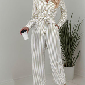 Striped Notched Long Sleeve Tie Waist Jumpsuit